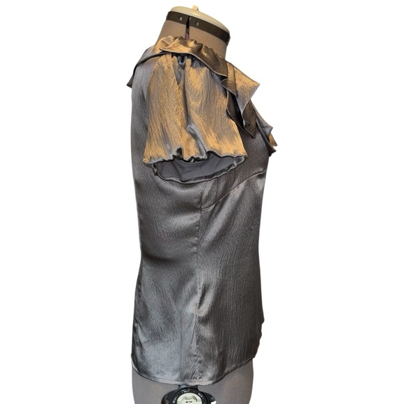 Ann Taylor | NWT | Silk Ruffle Scoop Blouse | Gray | Size 6 - Picture 3 of 9